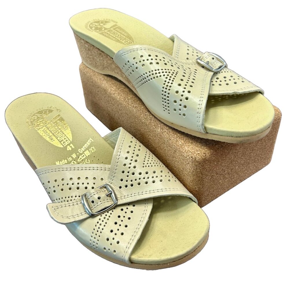 Worishofer Cream Perforated Leather Slides - Cork Wedge - Size 41 - Picture 2 of 8